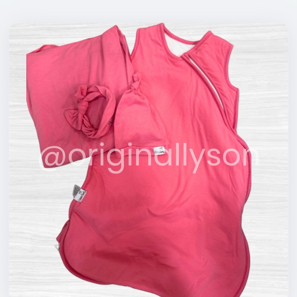 Copper Pearl Flamingo Swaddle, Hat, Headband, sleepsack Bundle